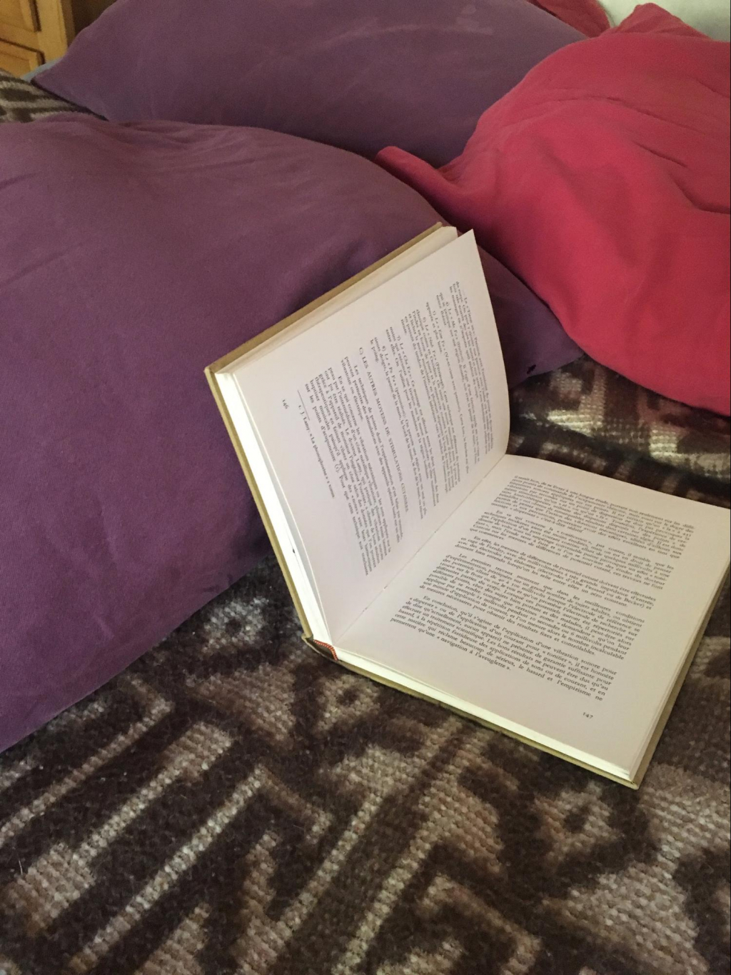 Book propped open against pillow