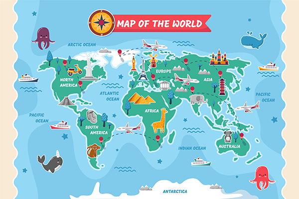 Colorful map of the World drawn for children.