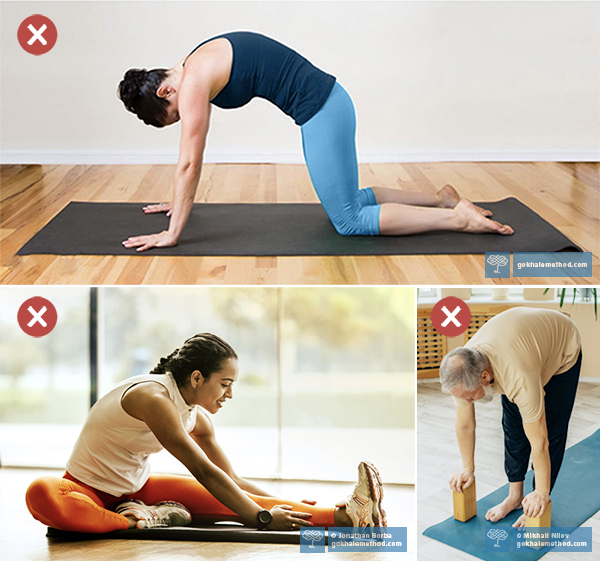 Three photos of people rounding to stretch their backs in different positions.