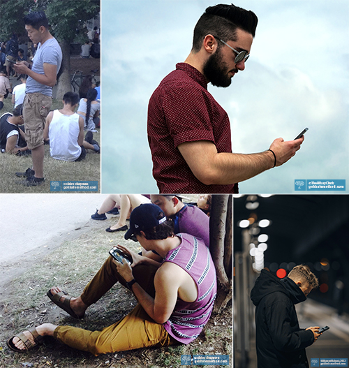 Four photos showing heads, necks, and shoulders forward to use smart phones.
