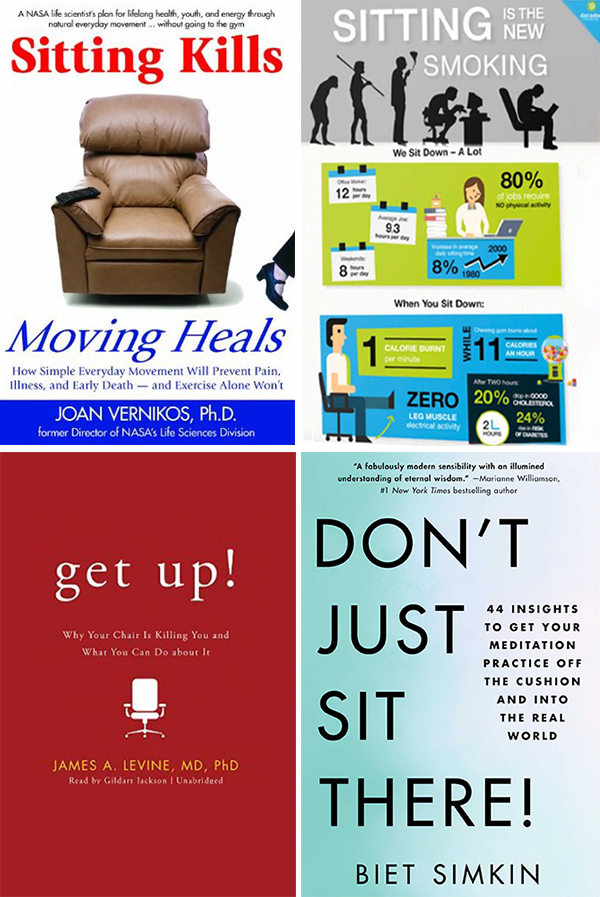Assorted books (covers) featuring the dangers of sitting.