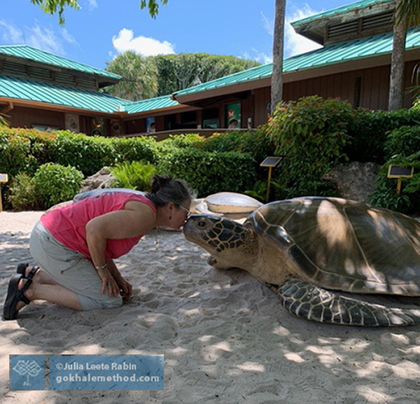 Julia Rabin kneeled, hunching, kissing turtle sculpture.