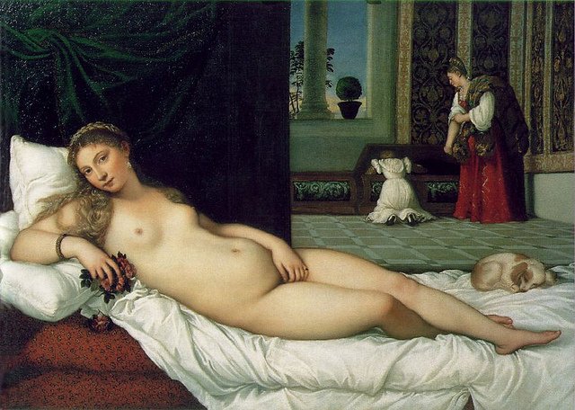 Venus of Urbino, Titian, reclining female nude with cushions.