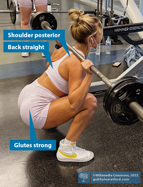 Young woman deeply squatting with barbell, side/back view.