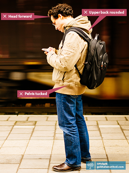 Man in his 40s with back pack and phone standing at train station.