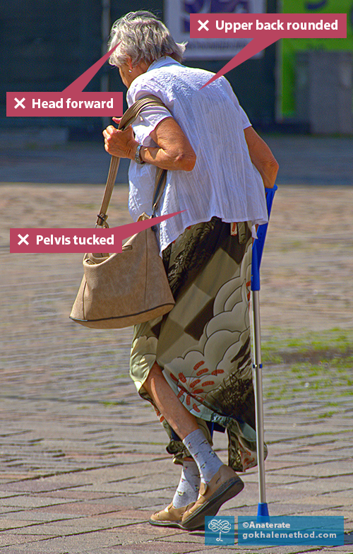 Elderly stooped woman with shoulder bag hobbling with stick, back view. 