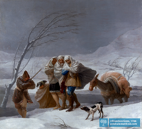 Travelers in a snowstorm round forward against a harsh wind. Francisco Goya, La Nevada c.1786.