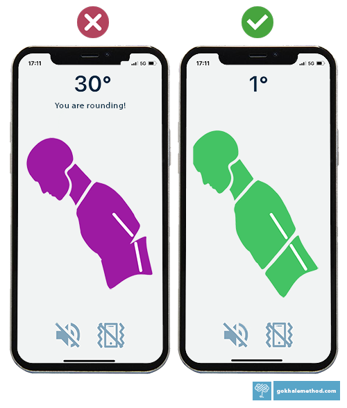 Screen grabs of rounded and straight back bending on the PostureTracker app.