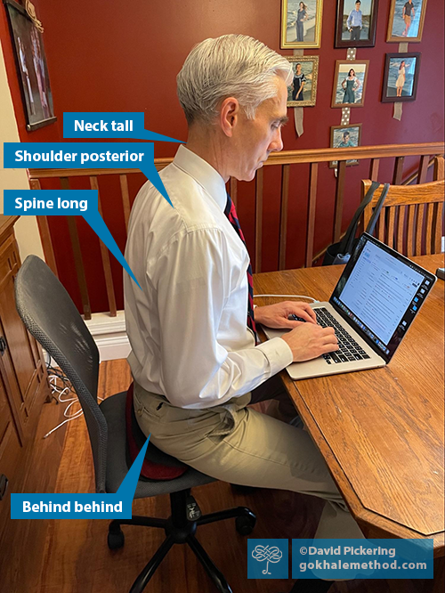 Photograph of David Pickering using Gokhale® Wedge at his laptop.