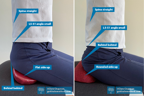 Two images of sitting on the Gokhale® Wedge, rounded side up, and flat side up.