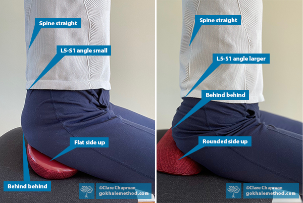 Two images of sitting on the Gokhale® Wedge, rounded side up, and flat side up.