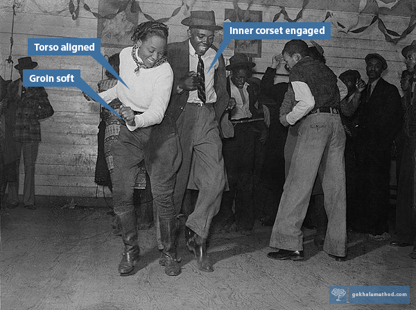 African-American dancers with soft-groin squat from the hips .