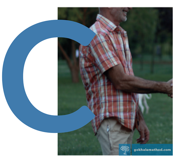 Photo of man with C-shaped spine and superimposed letter “C”.