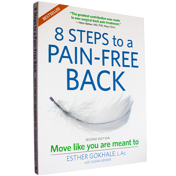 Photo of Esther Gokhale’s book, 8 Steps to a Pain-Free Back, 2nd edition.