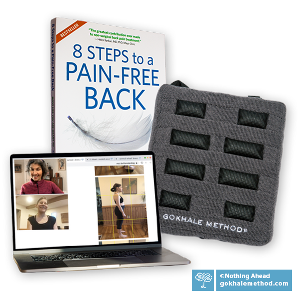 Photos of a Stretchsit cushion, a copy of 8 Steps to a Pain-Free Back, and an online Gokhale Consultation in progress.