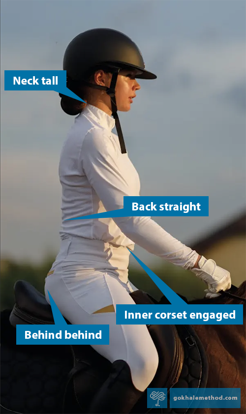 Photo of a young woman sitting upright and relaxed on a horse.