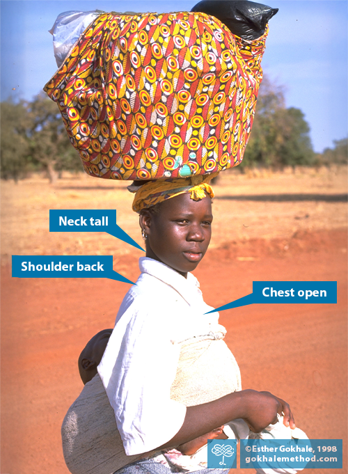 Burkinabé woman standing headloaded carrying baby, with well-aligned posture.