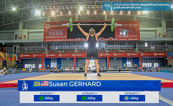 Susan Gerhard’s third snatch at the 2024 United Masters Weightlifting Federation