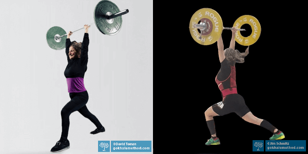 Two photos: Susan Gerhard’s lifting with a swayed back, and a straight back.