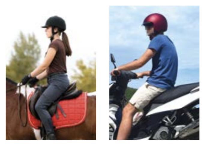 Female horse rider stacksitting, male rider on motorbike slumping.