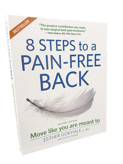 Photo of Esther Gokhale’s book, 8 Steps to a Pain-Free Back, 2nd edition.