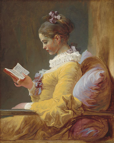 Antique portrait of girl reading, neck inclined with good length