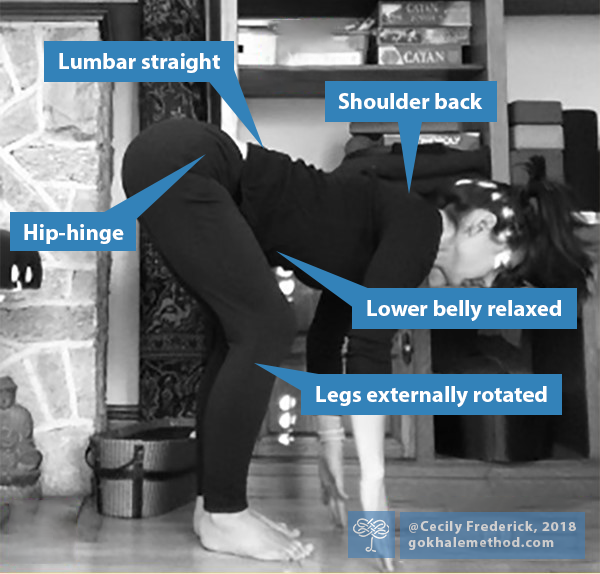 Photo of a deep hip-hinge with legs externally rotated and a relaxed lower belly.