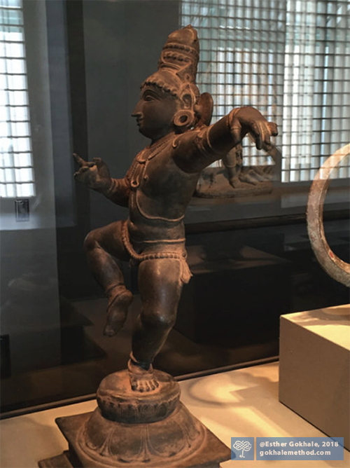 Dancing bronze figure of Sambandar showing a strong inner corset and lengthened spine