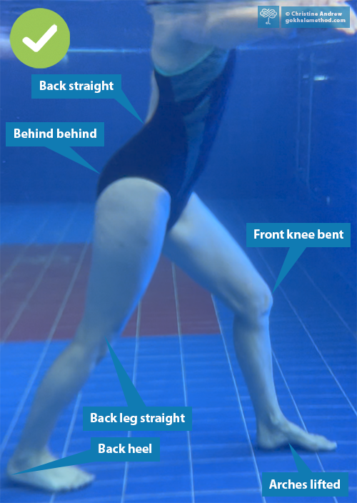 Gokhale Method Alumna Christine Andrew in a glidewalking pose in the pool (underwater shot).