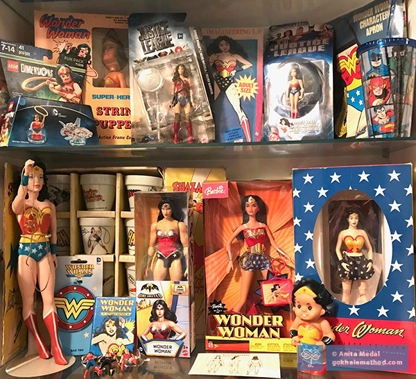 Part of Gokhale Method 1-2-3 Move participant Anita Medal’s Wonder Woman doll collection.