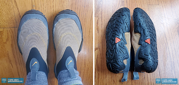 Two photos of swim shoes: from above, and showing the soles.