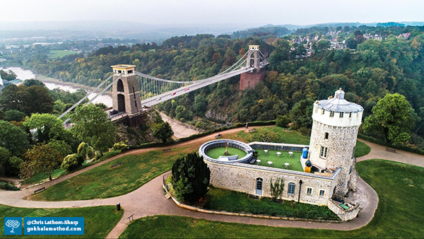 Aerial view of Bristol Observatory and Clifton Suspension Bridge, UK.