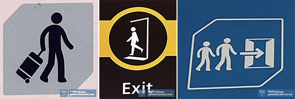 Three airport signs showing walking figure, weight aligned on the front leg.