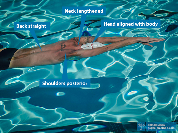 Male swimmer gliding face down horizontally, arms out ahead.