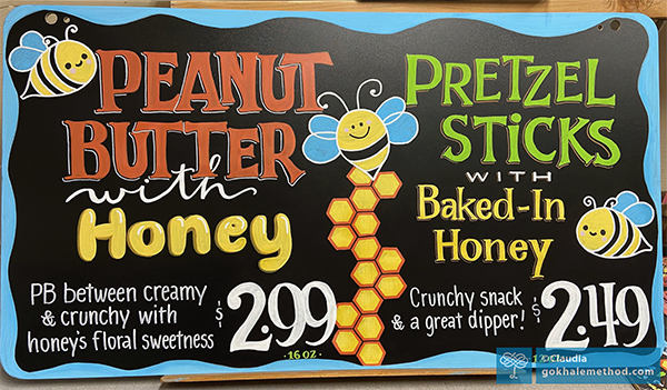 Trader Joe’s sign for Peanut Butter with Honey, drawn by Claudia.