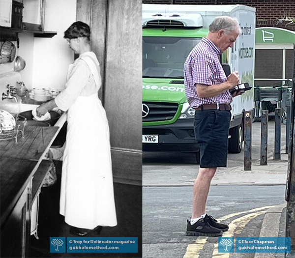 Woman standing upright and relaxed at sink, 1920s (left) and man standing pelvis parked and slouched, 2020s (right).