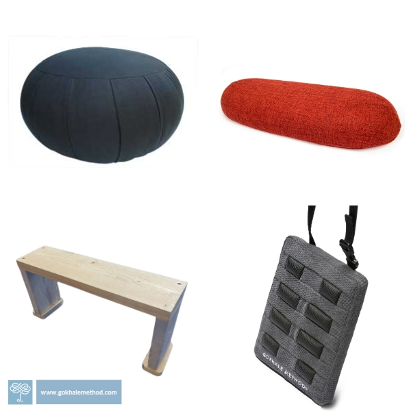 Four props for healthy sitting: Zafu cushion, Gokhale™ Wedge, meditation stool, Stretchsit® Cushion