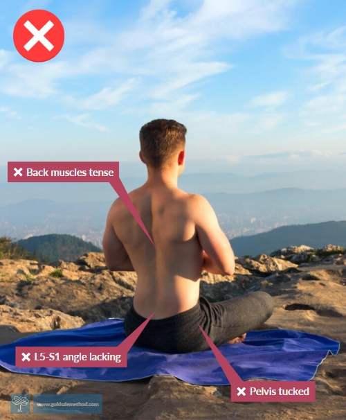 Man on mountain top meditating. Crossed legged and arched.