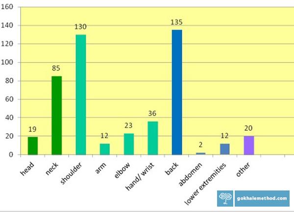 Bar chart showing incidence of particular pains suffered by professional musicians.