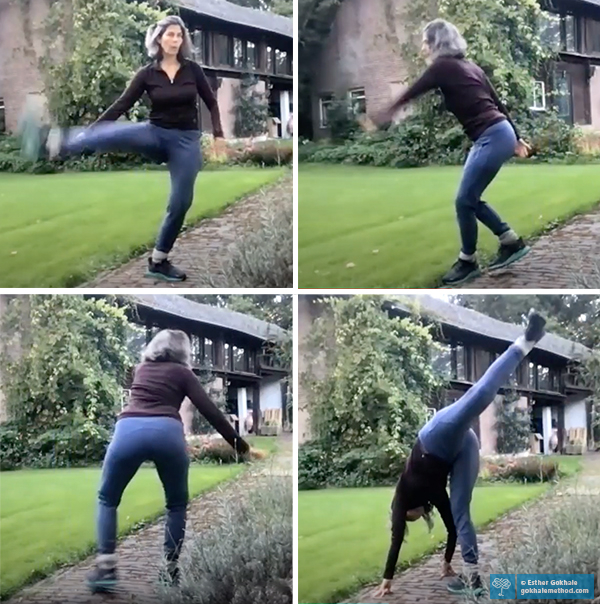 Four images of Esther Gokhale dancing in riding pants.