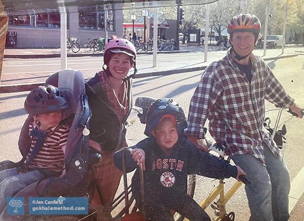 Gokhale Method teacher Tiffany Mann and family with carrier bikes.