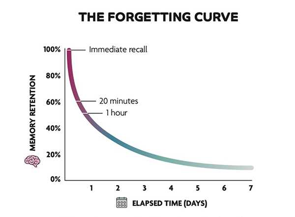 Forgetting Curve graph with kind permission from www.organisingstudents.com.au.