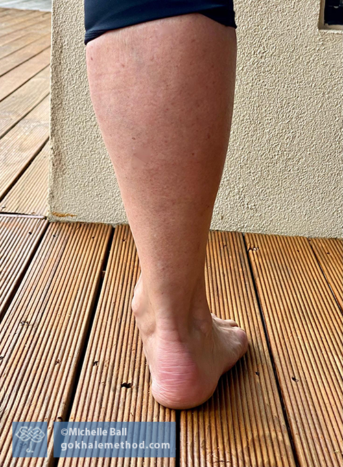 Photo of overpronated right foot, from behind, Gokhale Method teacher M. Ball.