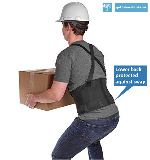Man wearing lumbar corset and lifting heavy box.