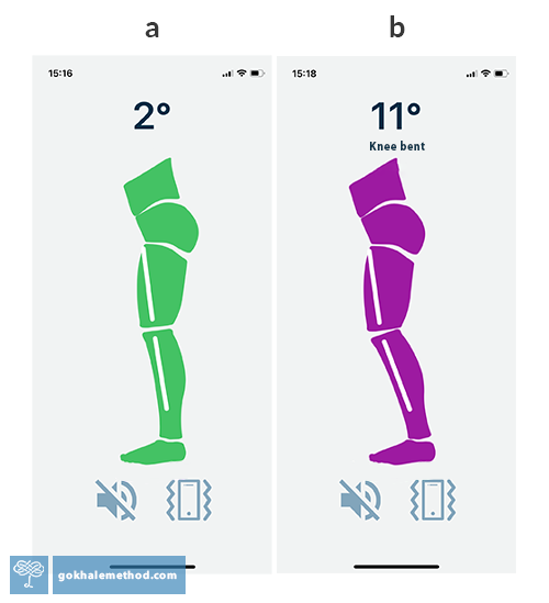 Screenshots from the PostureTracker app showing straight and bent back leg while walking.