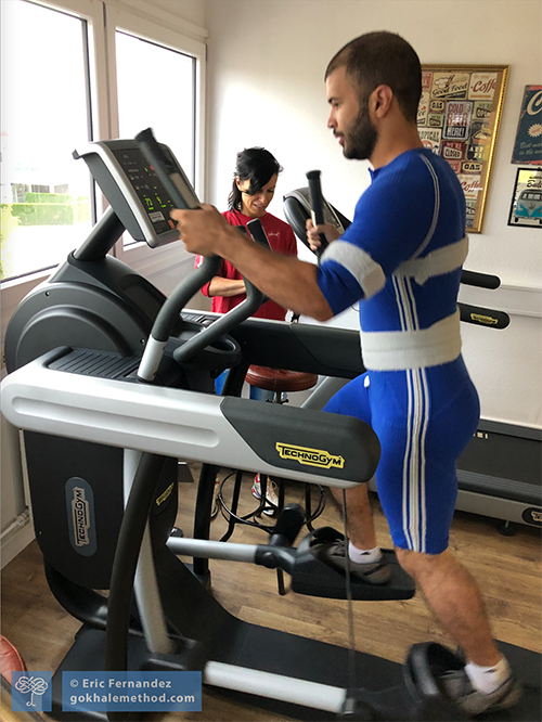 Gokhale Fitness teacher Eric Fernandez on a step machine.