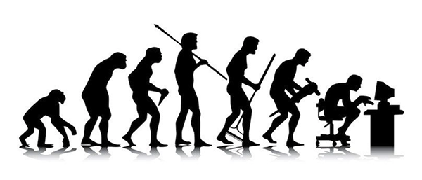 Cartoon showing evolution of man from ape to upright to hunched over computer.