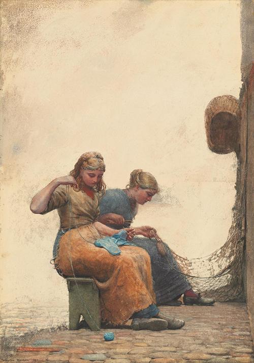 Painting by Winslow Homer showing women mending fishing nets, 1882.