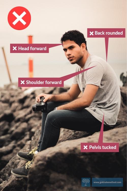 Photo of young man sitting slouched with forward shoulders.