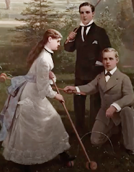 A girl playing croquet bends forward slightly (detail, right foreground). Kiddle